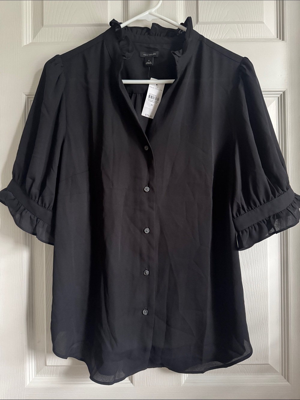 NWT Ann Taylor Black Ruffle-Collar Button-Down Blouse